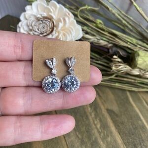 White gold plated Heart dangle drop halo CZ post earrings - stunning